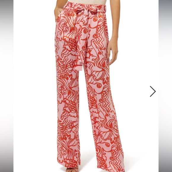 Alexis Pants - Alexis silk pants, pink and red, high rise straight